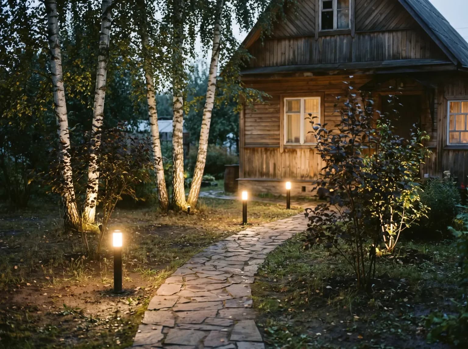 Подсветка дорожки и деревьев вечером