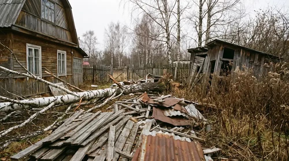 Двор с упавшей берёзой и мусором