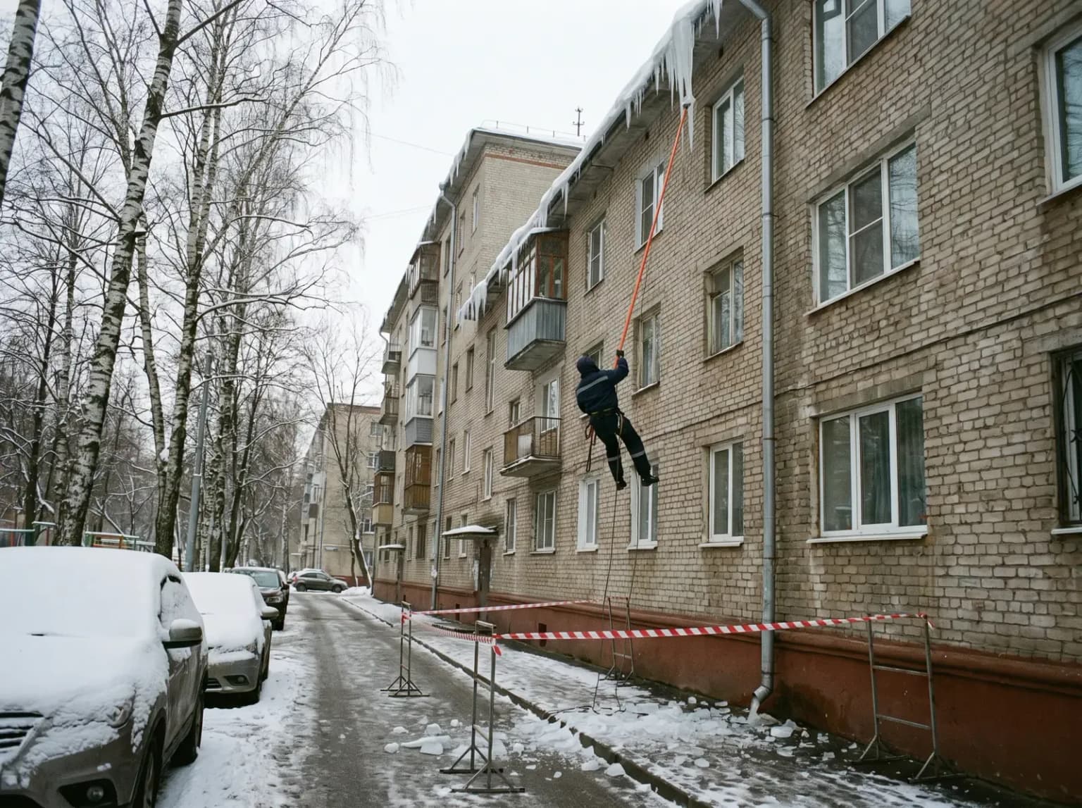 Альпинист сбивает сосульки с карниза дома