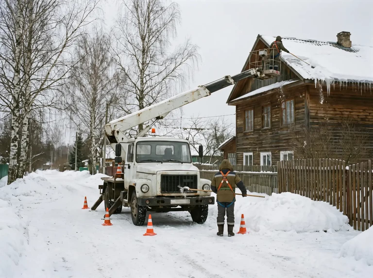 Автовышка у дома зимой