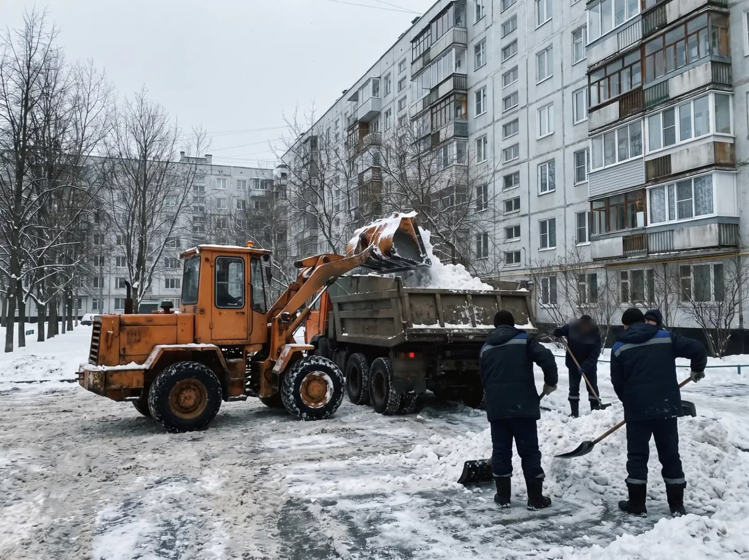 Погрузка снега в самосвал во дворе