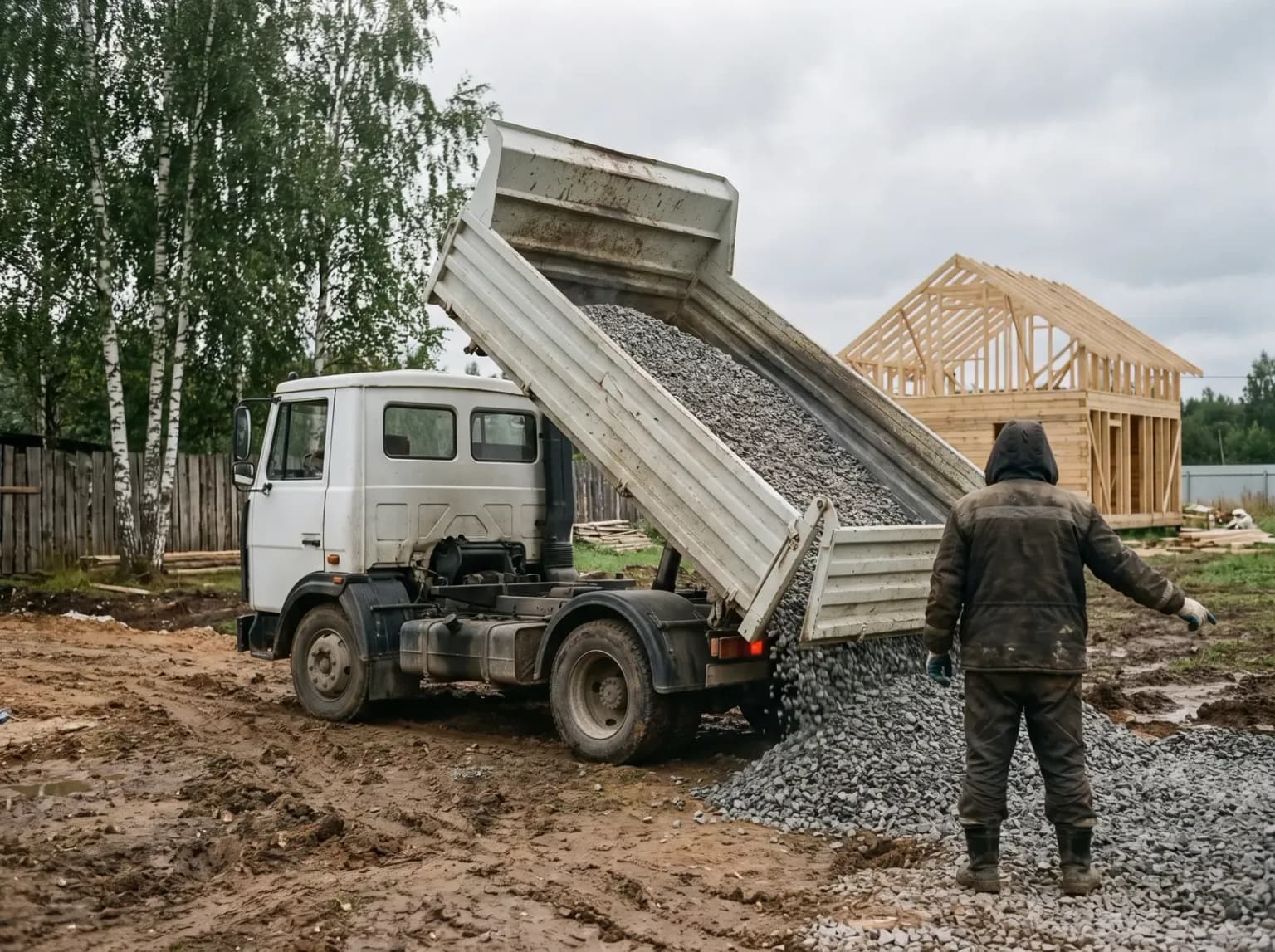 Самосвал разгружает щебень