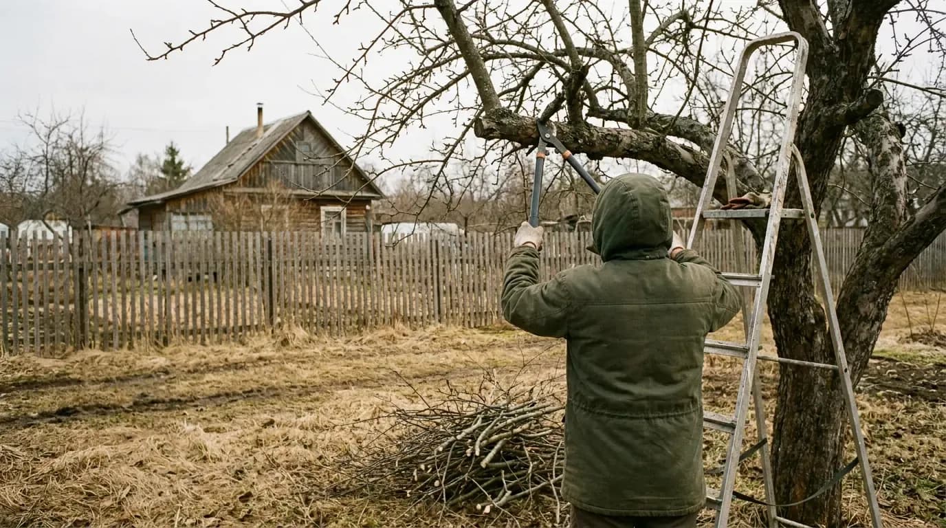 Садовник на лестнице обрезает старую яблоню