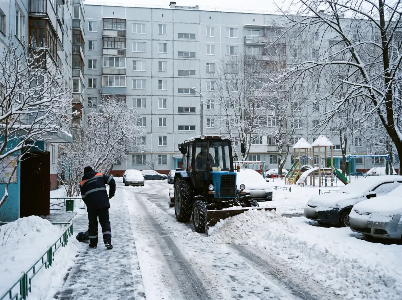 Трактор чистит двор многоквартирного дома от снега